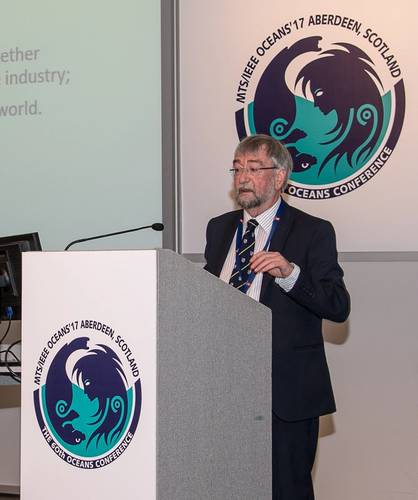 Professor John Watson (University of Aberdeen) and Conference General Chair speaking at the Plenary Session. (Photo courtesy IEEE OES)