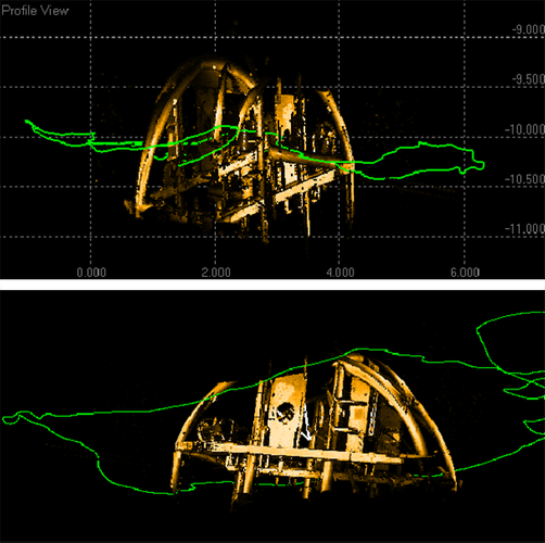 QINSy image of the ROV path (in green), demonstrating how the ROV hovered around the underwater structure while scanning (Image courtesy of 2G Robotics)