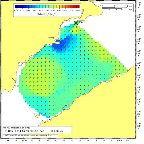 Radial currents on 16 November 2014 at 14:30 UTC from Pointe-aux-Outardes (PAO).