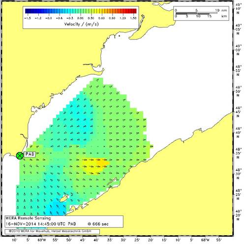 Radial currents on 16 November 2014 at 14:45 UTC from Pointe-à-Boisvert (PAB).