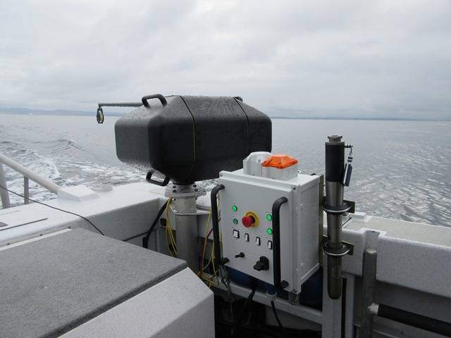 The rapidCAST system on a small survey launch. (Photo: Teledyne Oceanscience)