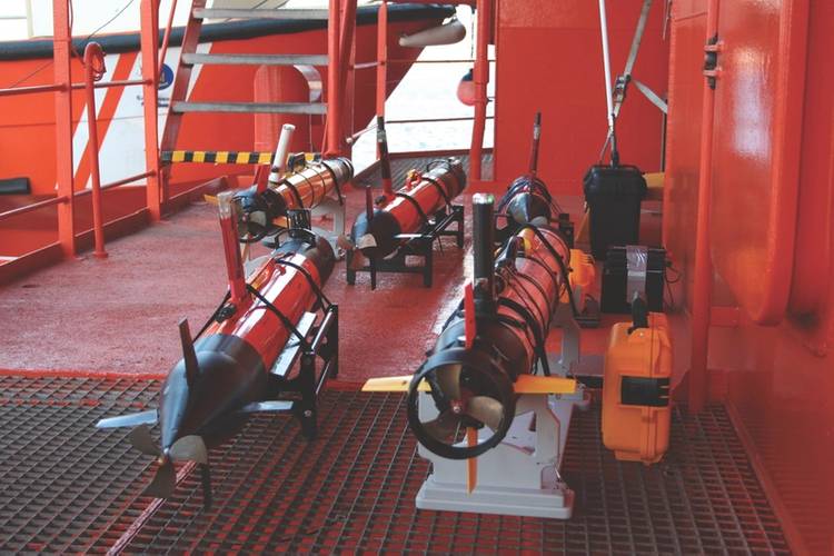 Five AUVs ready for deployment. (Photo courtesy: Javier Gilabert)