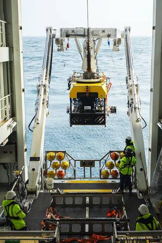 Remotely Operated Vehicle (ROV) SuBastian is deployed into the Mar del Plata underwater canyon region from research vessel Falkor (too).
Image courtesy Misha Vallejo Prut / Schmidt Ocean Institute