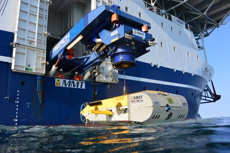 The Remotely Operated Vehicle (ROV) Surveyor Interceptor. It flies at 4-6 knots, 3-4 times as fast as conventional ROVS. It carries multibeam and sidescan sonar, sub-bottom profiler, HD cameras, powerful lights and a laser scanner. It was Black Sea MAP’s principal survey tool in 2016 and operated at depths down to 1,800m (over a mile down). ©MMT