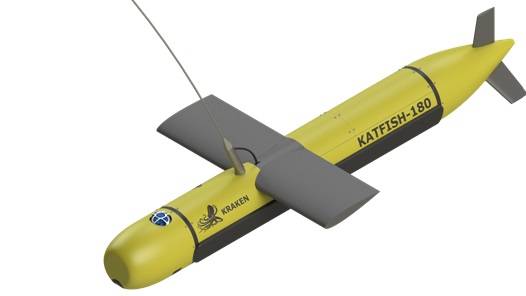 A Rendering of the Kraken Active Towfish, KATFISH-180, including the 180 cm sonar array (Image: Kraken)