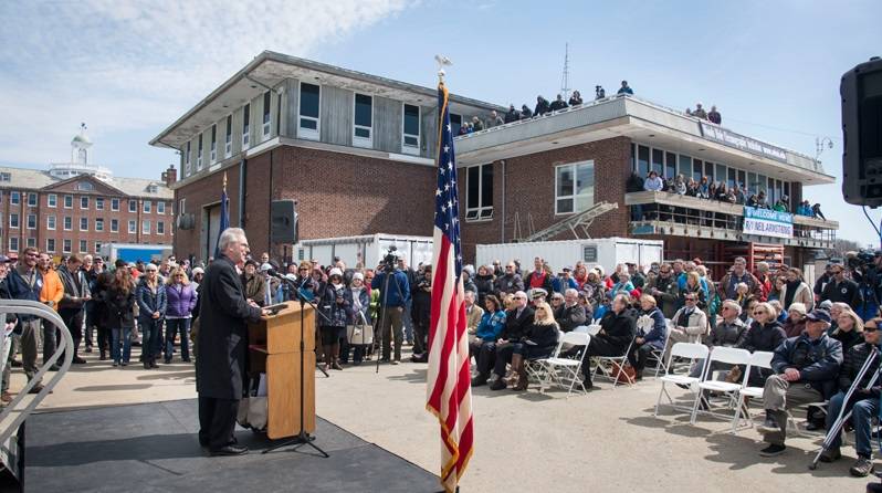 The research vessel Neil Armstrong is welcomed home by (from left to right) WHOI chairman of the Board of Trustees David Scully, wife of the late Neil Armstrong, Carol Armstrong, Deputy Navigator of the Navy Captain Sean Memmen, Congressman Bill Keating, astronaut Suni Williams, and WHOI President and Director Mark Abbott. (Photo by Tom Kleindinst, WHOI)