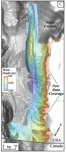 Researchers aboard NOAA Ship Fairweather collected multibeam bathymetric data in an area along the U.S. and Canadian international border in water depths ranging from 500 to more than 7,000 feet deep from April through July (USGS)
