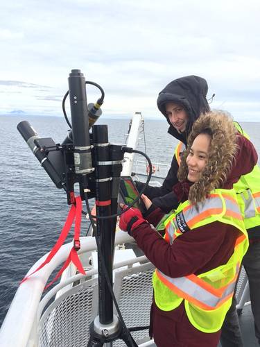 Researchers use tablet technology to gather marine data from a passenger ferry on the Salish Sea. The MEOPAR network and Irving Shipbuilding announced $1.8 million in funding to support nine ocean research initiatives, including three projects exploring marine issues off the coast of British Columbia. (Photo: Irving Shipbuilding)