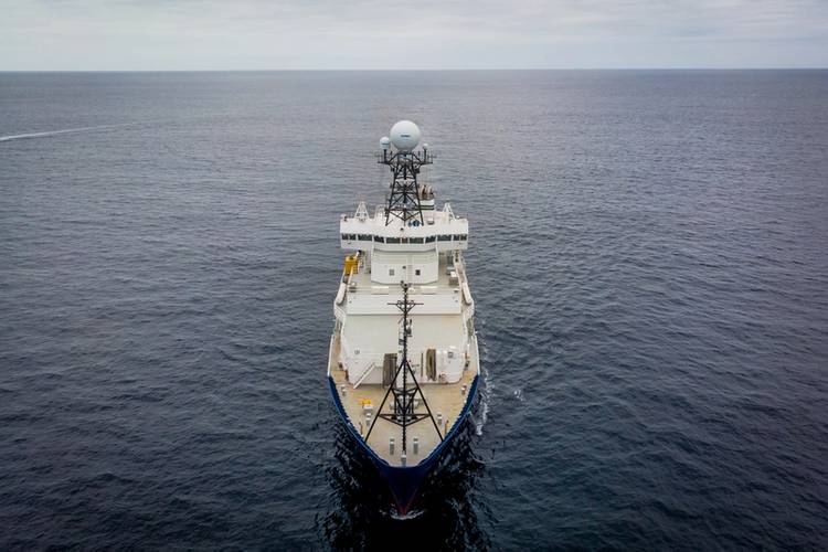 The R/V Roger Revelle pictured at sea for a 10-day commissioning and calibration cruise following its midlife refit. Photo Copyright: Scripps Institution of Oceanography