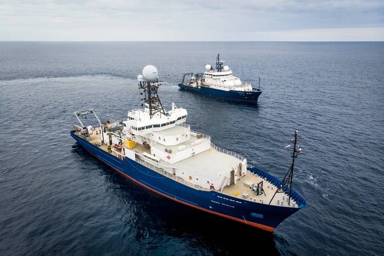 The R/V Roger Revelle pictured at sea for a 10-day commissioning and calibration cruise following its midlife refit. Photo Copyright: Scripps Institution of Oceanography