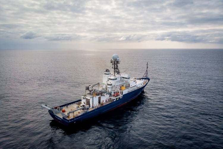 The R/V Roger Revelle pictured at sea for a 10-day commissioning and calibration cruise following its midlife refit. Photo Copyright: Scripps Institution of Oceanography