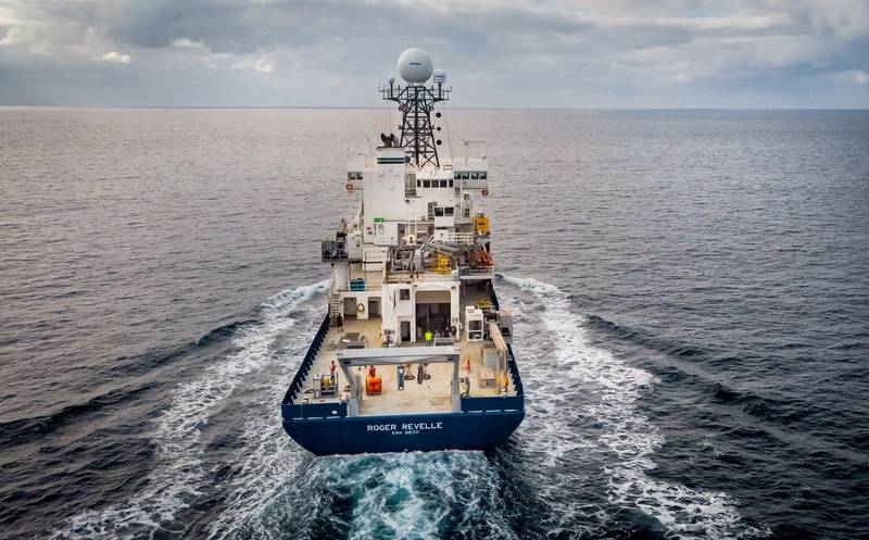 The R/V Roger Revelle pictured at sea for a 10-day commissioning and calibration cruise following its midlife refit. Photo Copyright: Scripps Institution of Oceanography