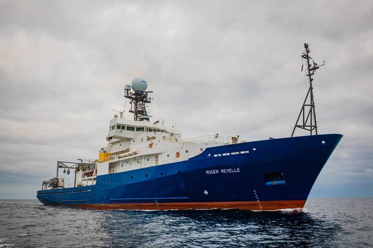 The R/V Roger Revelle pictured at sea for a 10-day commissioning and calibration cruise following its midlife refit. Photo Copyright: Scripps Institution of Oceanography