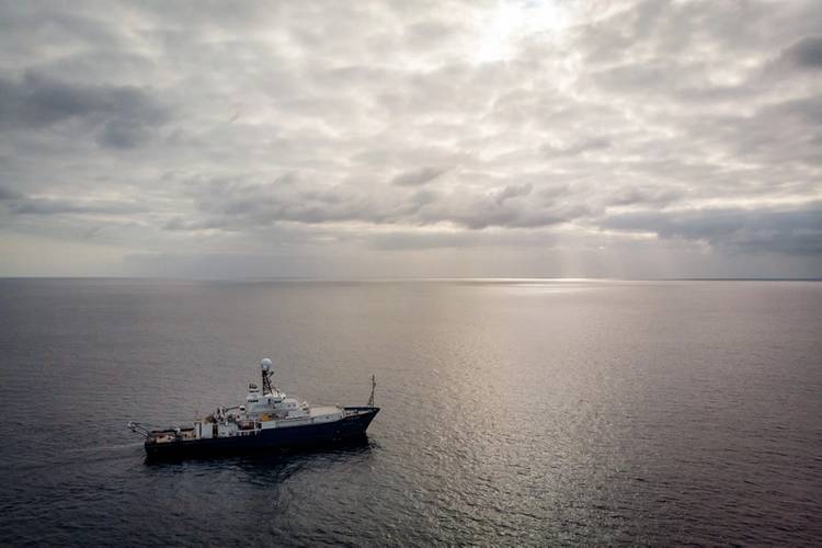 The R/V Roger Revelle pictured at sea for a 10-day commissioning and calibration cruise following its midlife refit. Photo Copyright: Scripps Institution of Oceanography