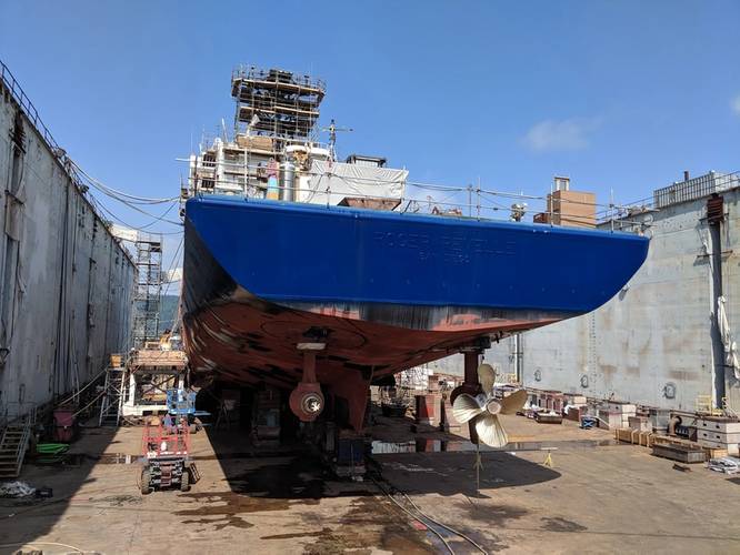 RV Roger Revelle in drydock. Image courtesy Glosten