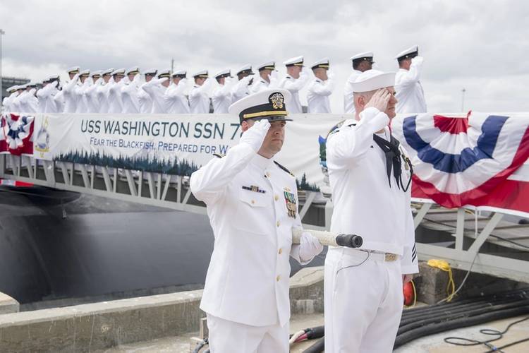 Sailors render a salute during the commissioning ceremony for the Virginia Class Submarine USS Washington (SSN 787) at Naval Station Norfolk. (U.S. Navy photo by Class Joshua M. Tolbert)