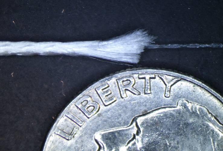 A sample of fiber optic fishing line with the inner fiber optic core exposed, next to a United States quarter for scale. The outer diameter of the fishing line is less than one millimeter. Photo courtesy of Brennan Phillips.