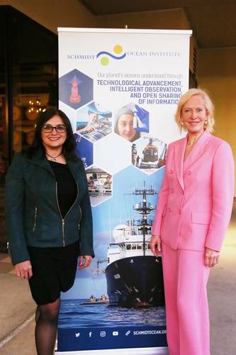 Schmidt Ocean Institute executive director Dr. Jyotika Virmani and cofounder Wendy Schmidt pose at their Alumni celebration at the 2020 Ocean Sciences meeting in San Diego. © Schmidt Ocean Institute/Mary Lide Parker