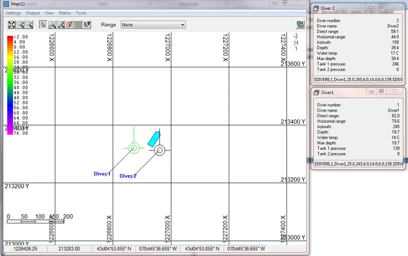 This screen capture shows 2-D Map window from HYPACK SURVEY, showing support vessel and diver locations. Each Diver has their own information window (right).