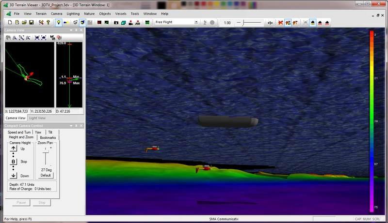 This screen capture is 3DTV, showing divers in 3-D space. This takes the diver and vessel information from HYPACK SURVEY and displays the "mobiles" using 3D symbols.  We have a simple diver symbol (shown in the picture).  A XYZ surface is necessary to run this program.