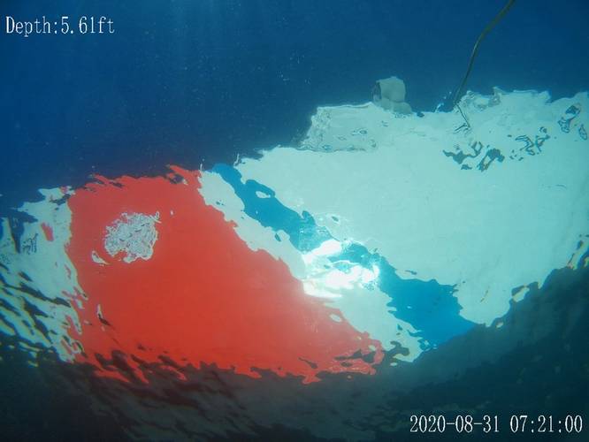 Screen grab from the FiFish Remotely Operated Vehicle (ROV) looking up at the CGC Campbell from below the water line.