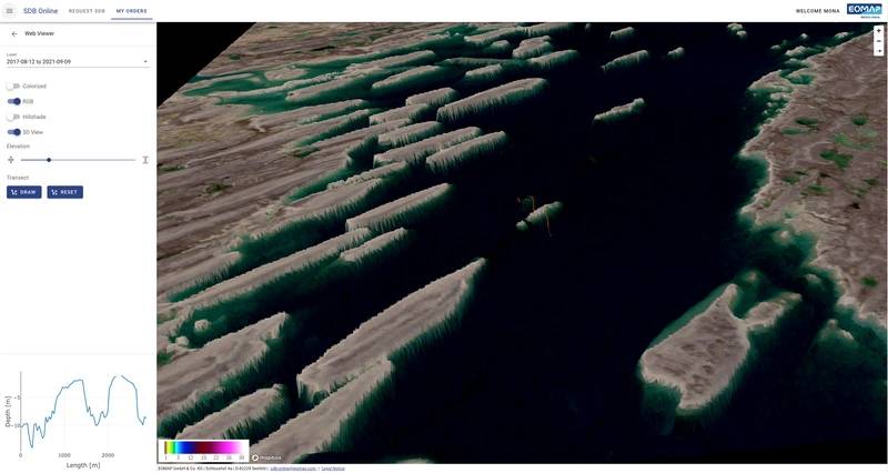 Screen2a: 3D visualization of an SDB-Online bathymetry grid overlaid by an RGB satellite image and transect profile a coastal area in Canada by the SDB-Online Web Viewer - © EOMAP
