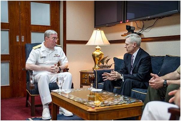 Secretary of the Navy Ray Mabus meets with Vice Adm. John Miller, commander of U.S. Naval Forces Central Command, at Naval Support Activity in Manama, Bahrain. (U.S. Navy photo by Sam Shavers)