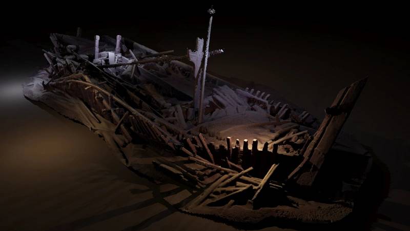 A shipwreck from the Ottoman period discovered in 300m of water. Many of its timbers are carved. This image is a photogrammetric model created from photographs taken by cameras on the ROV, rendered with light sources (model Rodrigo Pacheco-Ruiz). ©Black Sea Maritime Archaeology Project