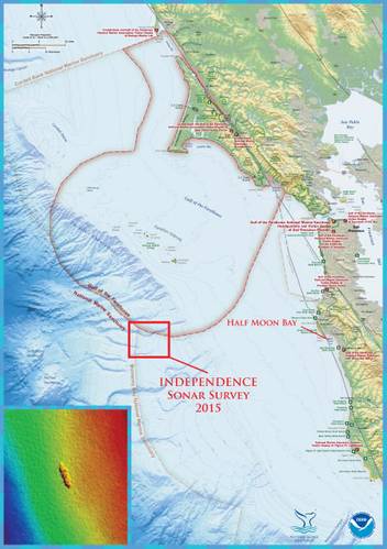The shipwreck site is located in the northern region of Monterey Bay National Marine Sanctuary. Half Moon Bay, California was the port of operations for the Independence survey mission. The first multibeam sonar survey of the Independence site was conducted by the NOAA ship Okeanos Explorer in 2009. (Credit: NOAA's Office of Ocean Exploration and Research and NOAA's Office of National Marine Sanctuaries)