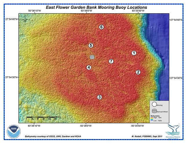 A map showing buoy locations on the reef cap at East Flower Garden Bank. The areas most heavily impacted by the mortality event are near buoys 4, 5 and 6. (Image: NOAA)
