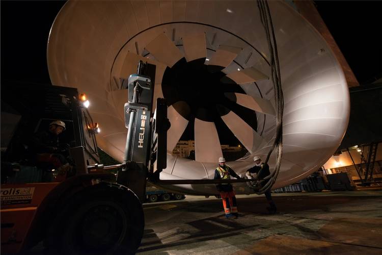 The Signature500 current profiler (located top right) is dwarfed by the huge dimensions of the tidal turbines that are a part of the EDF Paimpol-Bréhat project. Here you see the turbine prior to installation on the subsea base. (Photo: DCNS)