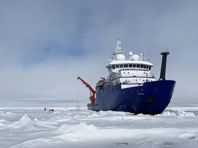The Sikuliaq, a 261-ft. ice-capable research vessel operated by UAF, pauses in the Arctic Ocean in June 2021 during its fifth year of operation. Photo by Ethan Roth