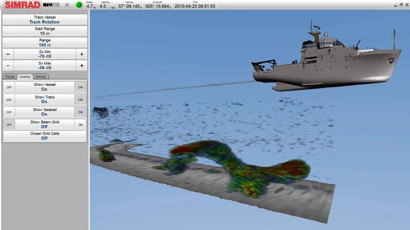 Simrad TD50 visualization with menus, showing schooling Sand Eel in the North Sea (Image: Kongsberg Maritime)