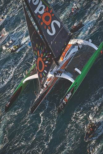 Fig. 3: Sodebo Ultim, a 32 m French trimaran, averaged 23 knots over the 27,000-mile course. (Photo Credit: Team Sodebo)