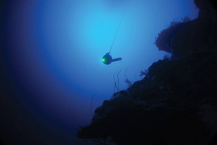 Sonarydne’s BlueComm depressor in the water at Aldabra, during the Nekton First Descent mission. Photo: Nekton Oxford Deep Ocean Research Institute
