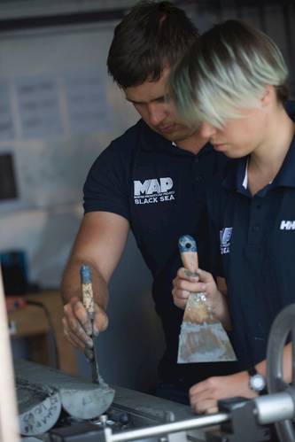 Students from across the U.K. study core samples from the floor of the Black Sea (Credit: Martin Hartley)