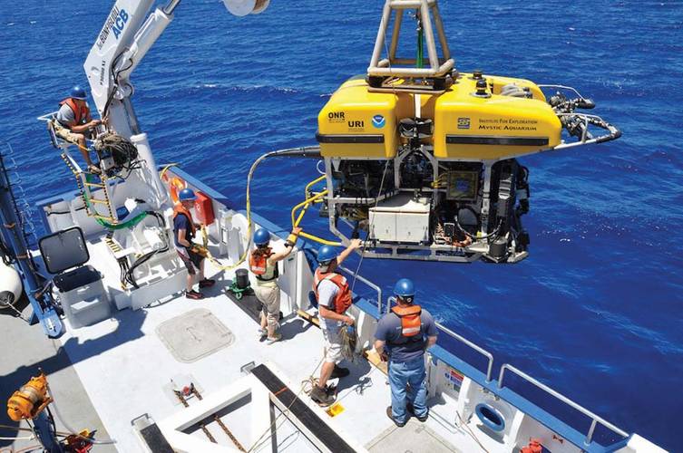 URI students, technicians and scientists launch the remotely operated vehicle  “Hercules” into the Black Sea to study the geology of the seafloor.