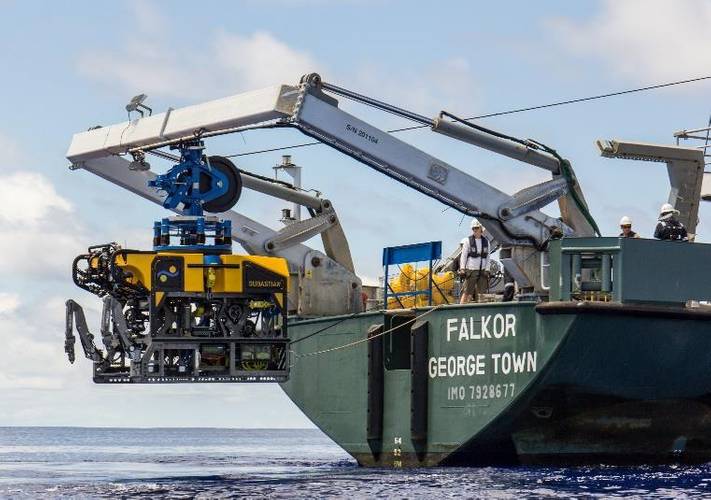 ROV SuBastian is deployed off of the aft deck of research vessel Falkor (Photo Schmidt Ocean Institute)