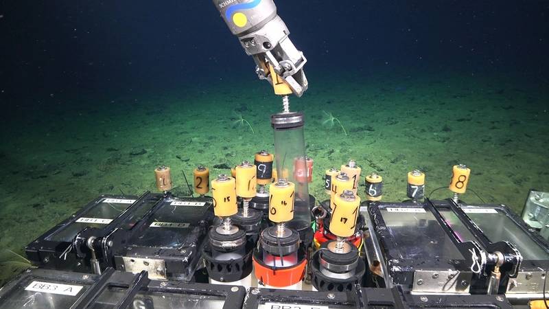 ROV SuBastian prepares to take a core sample of seafloor contents. Dive 679 took place off the coast of Northern Chilé with the research team aiming to characterize the microbial and macrofaunal communities in the surrounding areas of the Atacama Trench. The primary objective of this dive was to explore the ridge area for methane seeps and collect samples (push cores, water, rock, and animal samples) at seepage sites.
Credit: ROV SuBastian / Schmidt Ocean Institute