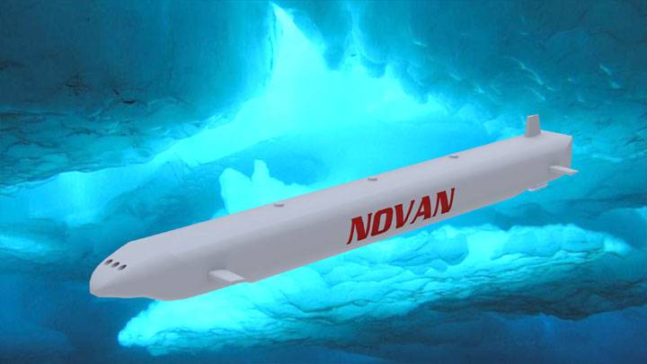 The submarine cargo transportation system is designed to transport LNG beneath the Arctic Ocean's ice cap and elsewhere. It only has to be submerged deep enough to avoid striking the ice above. Since the sea ice cap is not that thick the sub only has to be strong enough to withstand relatively low depth pressure. (Image: Novan Research)