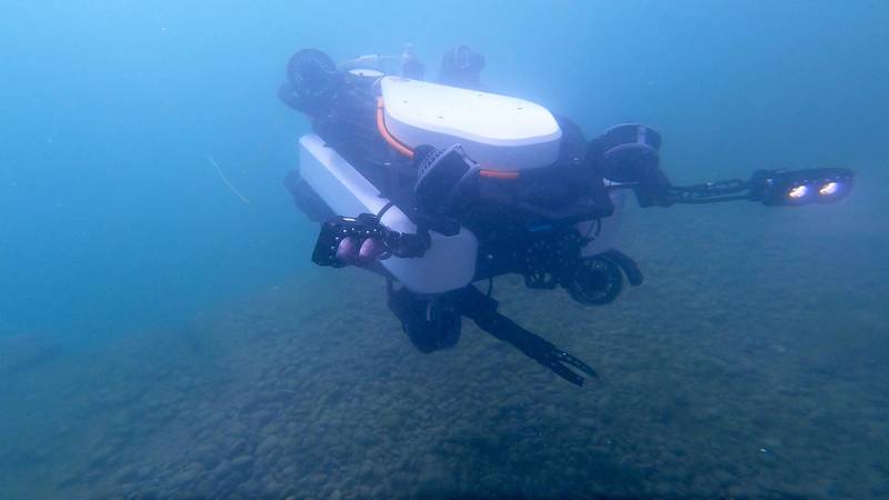 Tethys Robotics’ underwater drone in Lake Zurich during a harbor inspection.  Image courtesy Nortek