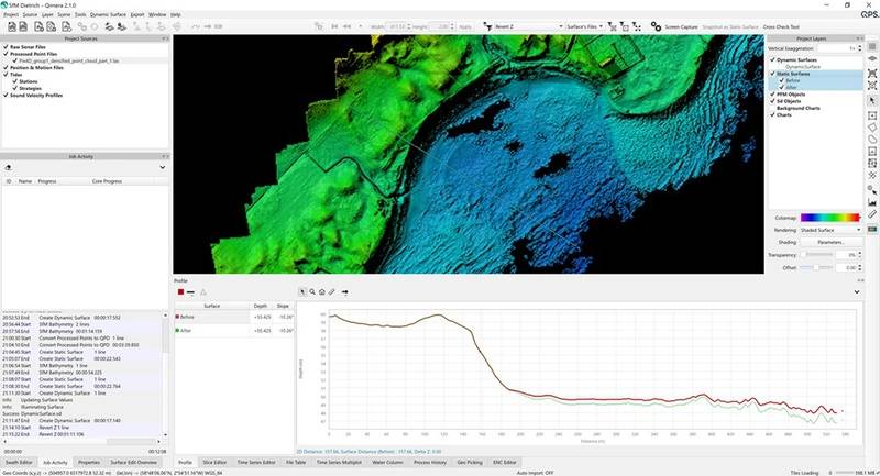 There are also specialized tools, such as the SfM add-on for Qimera, which can be used to correct for refraction errors in submerged data acquired from airborne photogrammetry, as shown in Figure 3 (Data courtesy 4DOcean)