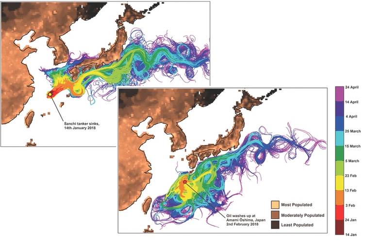 This shows the trajectories of virtual oil particles released from (a) the final resting site of sunken tanker Sanchi and (b) the vicinity of Amami-Oshima Island. (Credit: National Oceanography Centre)