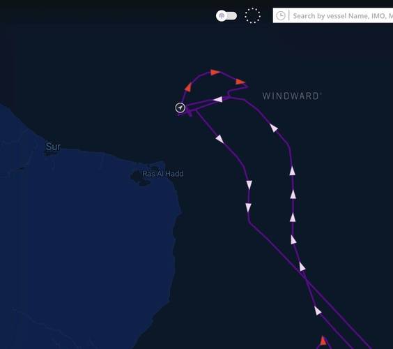 Track of a Russian-flagged tanker approaching the Gulf of Oman, loitering off Oman and turning back toward the Arabian Sea on October 18 to 19. Source: Windward Maritime AI™ Platform.