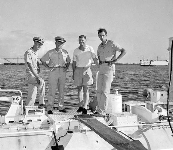 Trieste Project Nekton leadership at Guam 1959.  Left to Right: Larry Shumaker; Don Walsh; Dr. Andy Rechnitzer, Program Manager and Chief Scientist; and Jacques Piccard. Photo Courtesy Don Walsh