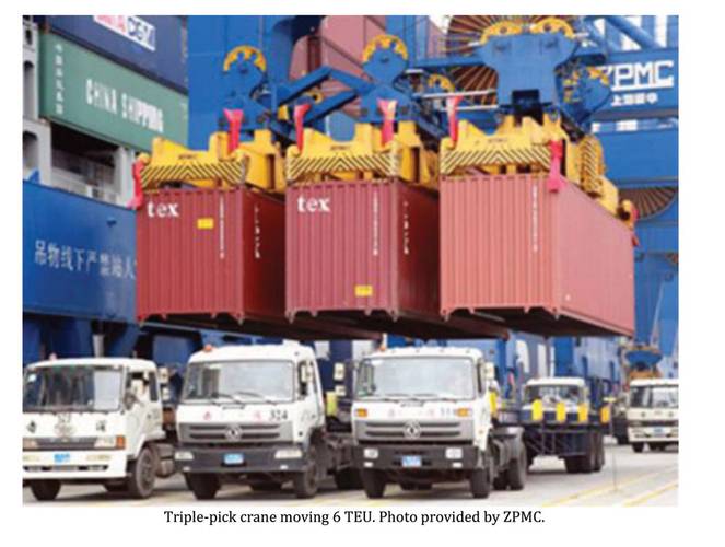 Triple-pick crane moving 6 TEU. 