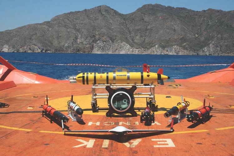 The unmanned vehicles fleet on “Clara Campoamor” vessel deck - 6 AUV; 1 USV, 1 UAV - in the June 2017 exercise in Cartagena. (Photo courtesy: Javier Gilabert)