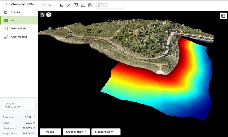 Visualization of bathymetry (from echo sounder) data combined with a colorized point cloud, processed in DroneGIS software. Image courtesy SPH Engineering