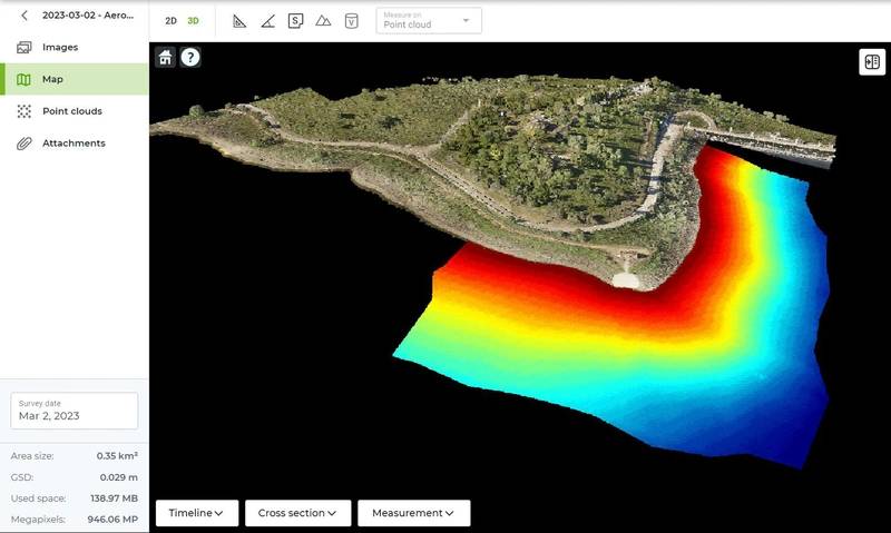 Visualization of bathymetry (from echo sounder) data combined with a colorized point cloud, processed in DroneGIS software. Image courtesy SPH Engineering
