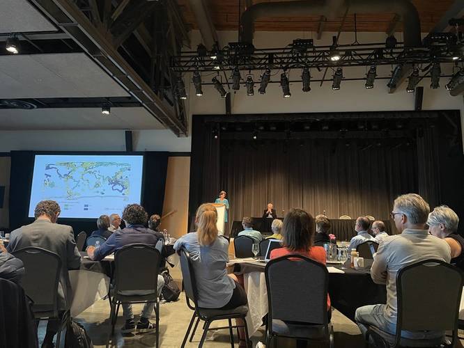 Anya Waite of the Ocean Frontier Institute presenting “Understanding the Critical Necessity to Protect our Oceans”. Photo Celia Konowe
